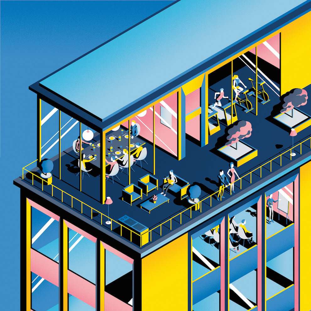 Jack Daly, Isometric graphical digital illustration of people dining, gymming, learning and relaxing in a hotel. 